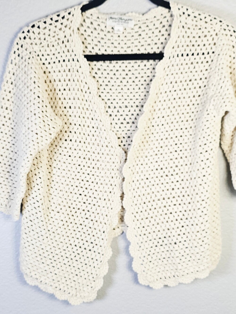 Norm Thompson XL Cream Linen Cotton Crochet Open Front Cardigan Boho